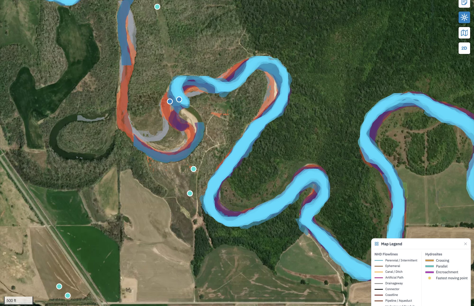 Close view of a meander bend with yearly channel outlines: orange and red outlines from earlier years swing wide around the bend, while the light blue recent outlines cut a tighter path
