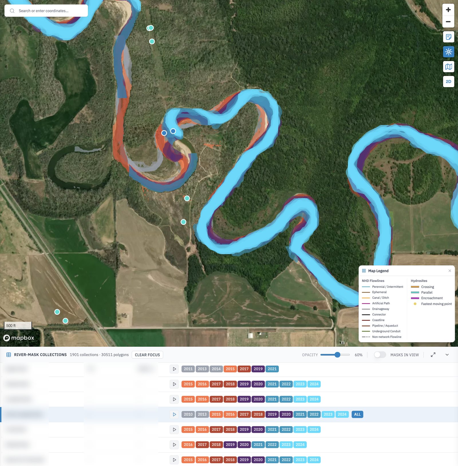 Satellite map of a meandering river with its channel outline from each year laid over it in colour, oranges for the older years through purple to light blue for the latest, and a table below listing river-mask collections with a button for each year