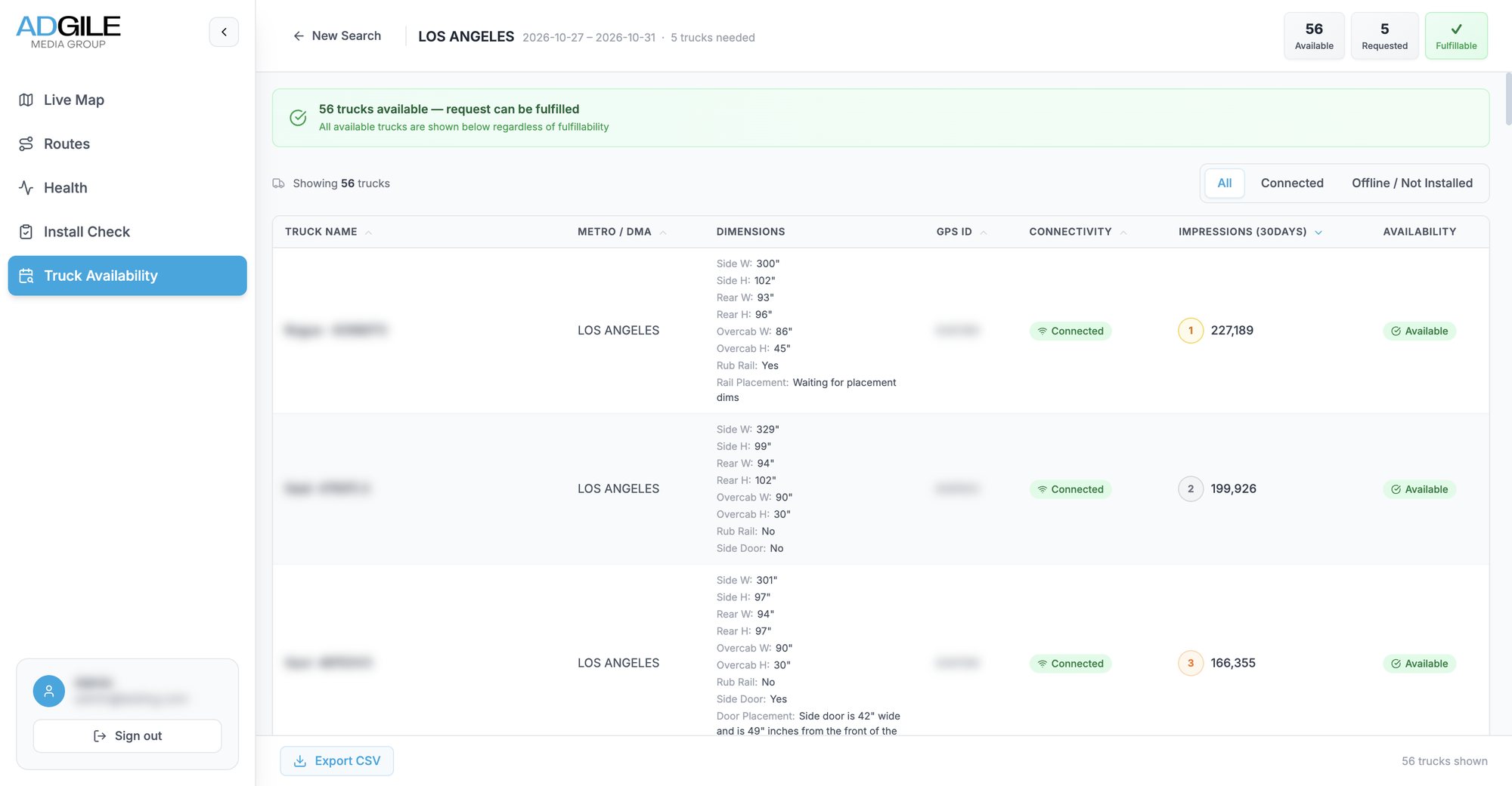 Truck availability results for Los Angeles: 56 trucks available against 5 requested, marked fulfillable, with each truck's wrap dimensions, connectivity and 30-day impressions rank