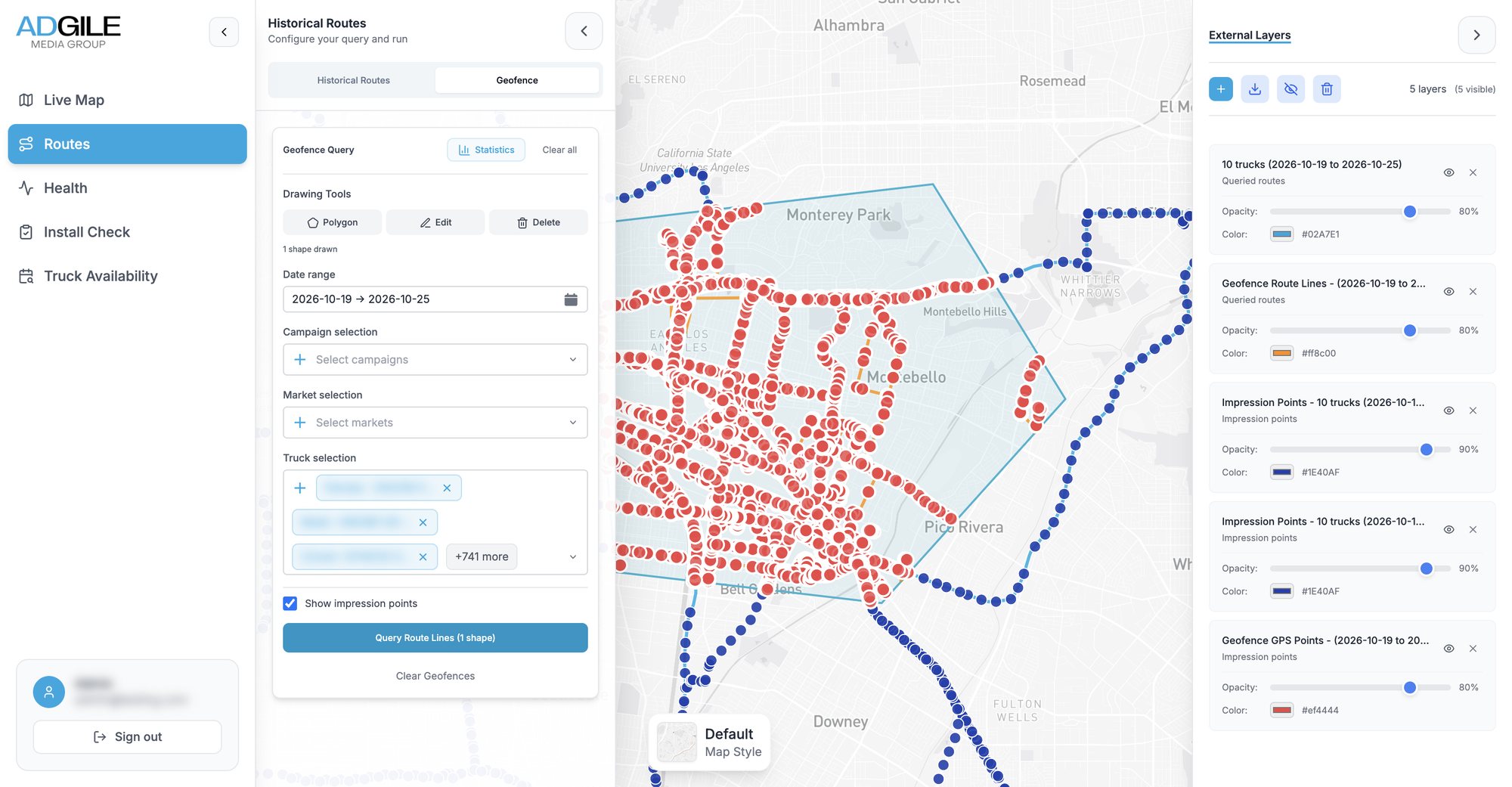 A geofence polygon drawn over Monterey Park and Montebello: routes inside are orange with red GPS points, routes outside stay blue