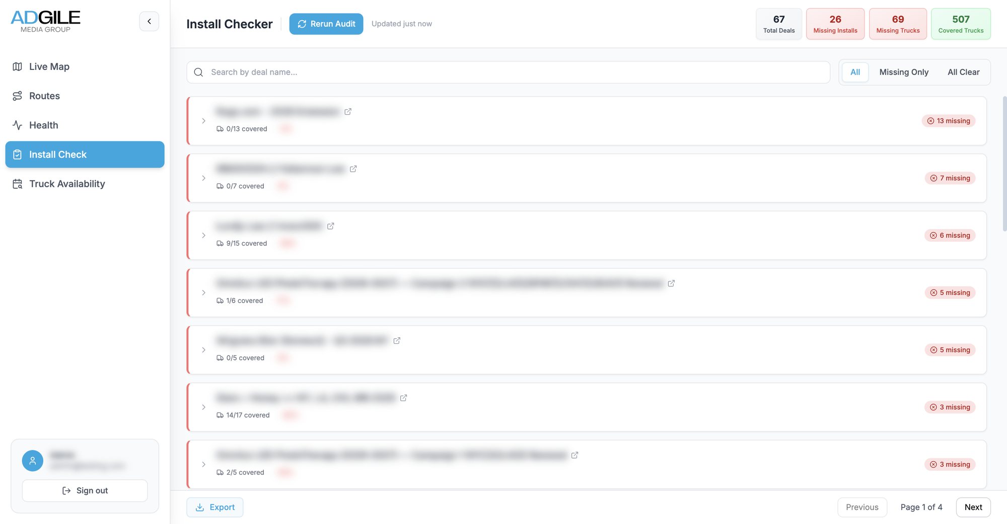 Install checker: totals for deals, missing installs, missing trucks and covered trucks, and a list of campaigns with how many of their trucks are covered
