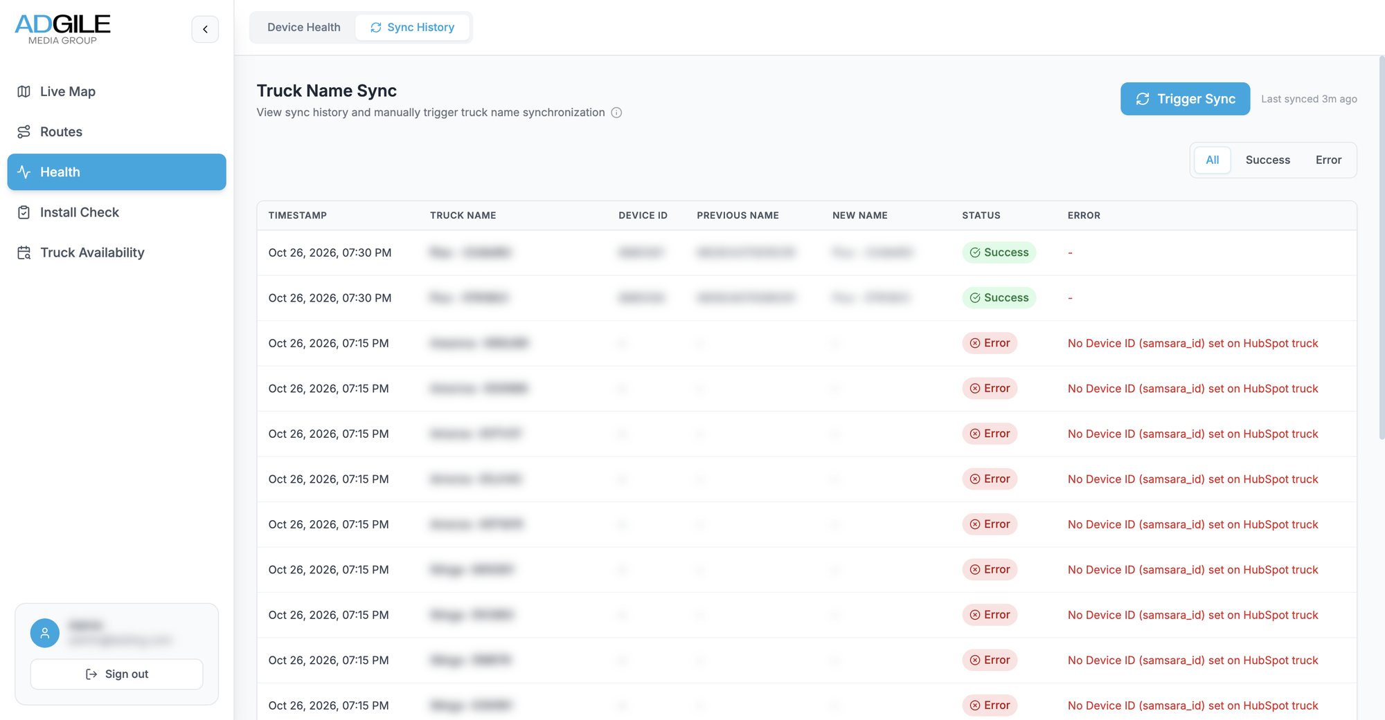 Truck name sync history: a log of syncs with timestamps, success or error status, and the reason for each error