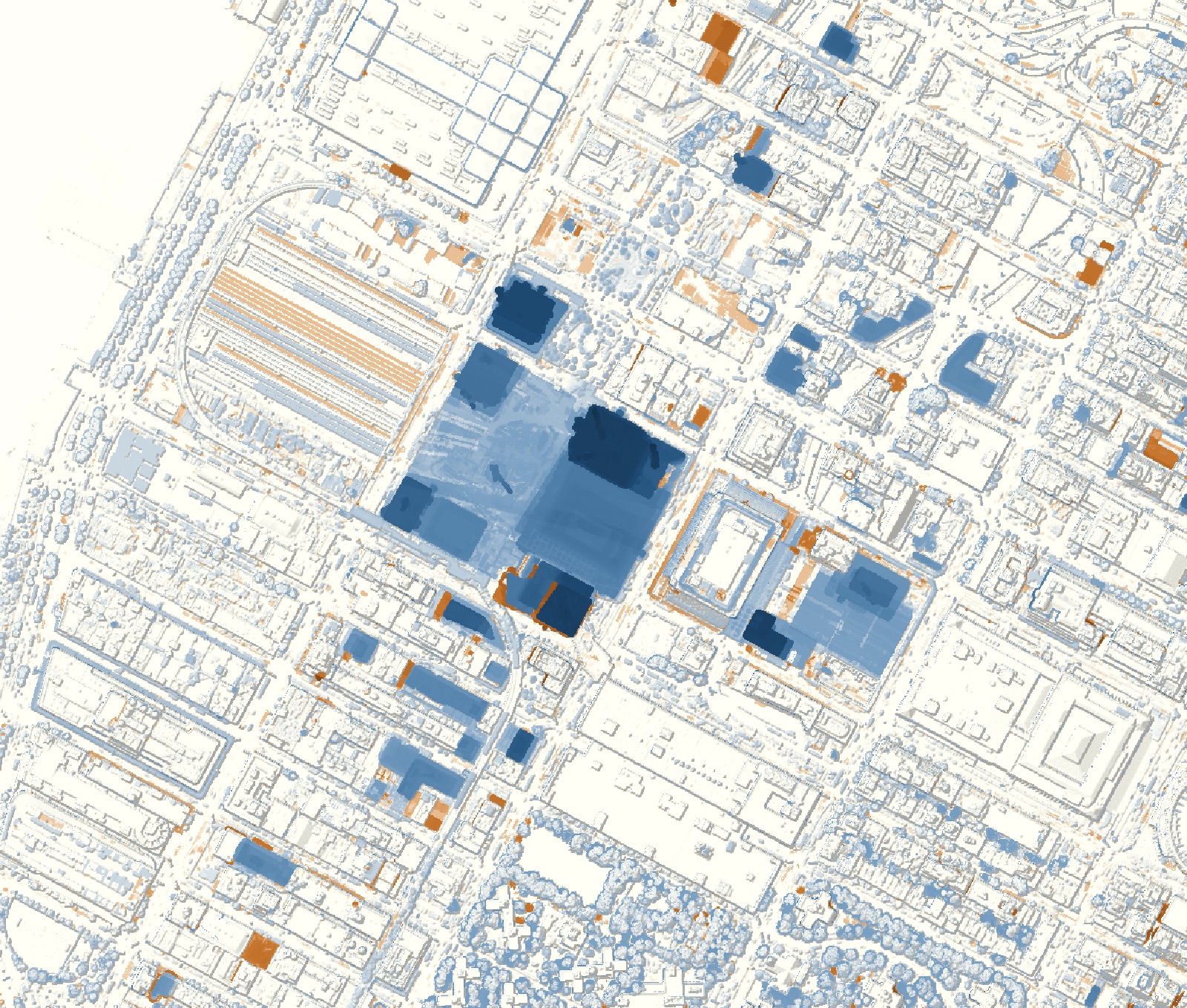 Map of height change between 2014 and 2017: new towers in blue, losses in orange