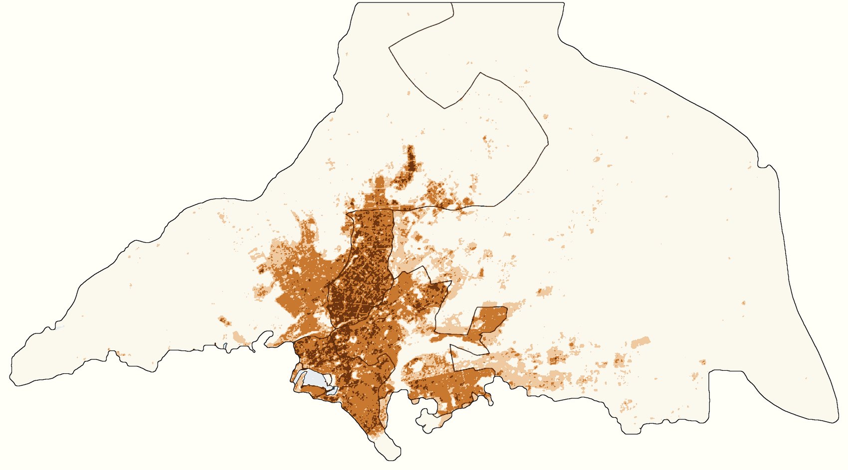 Map of population change, 2000 to 2020: the largest gains in the dense central districts, smaller gains on the northern and eastern edges