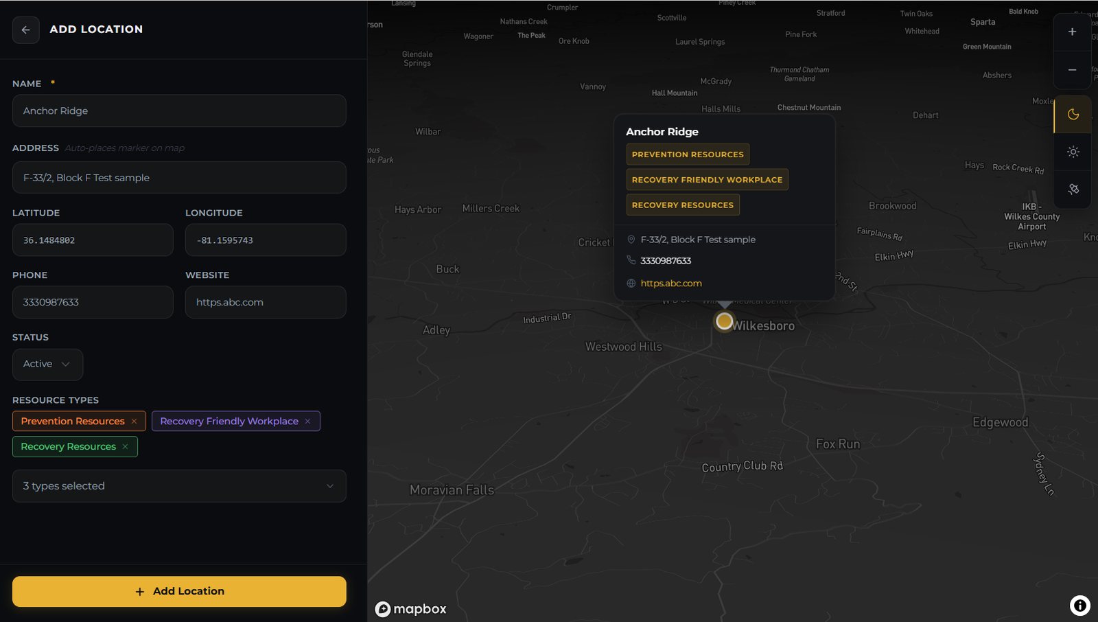 The admin Add Location form beside a map preview showing the new pin and its resource types