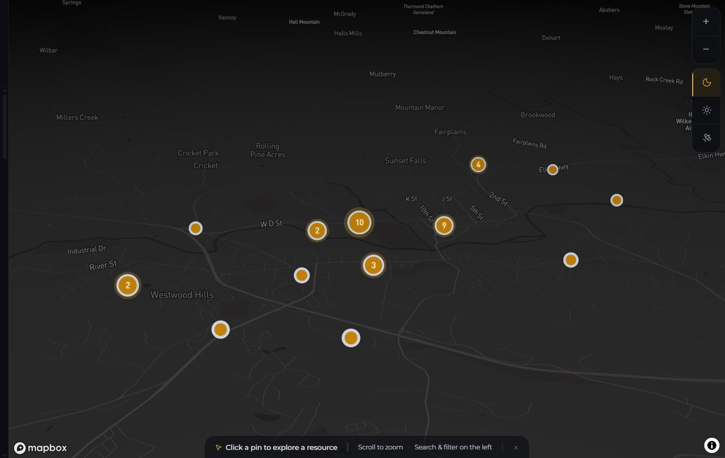 The resource map zoomed out over North Wilkesboro and Wilkesboro: numbered clusters of listings along the main streets, with only a few single pins farther out