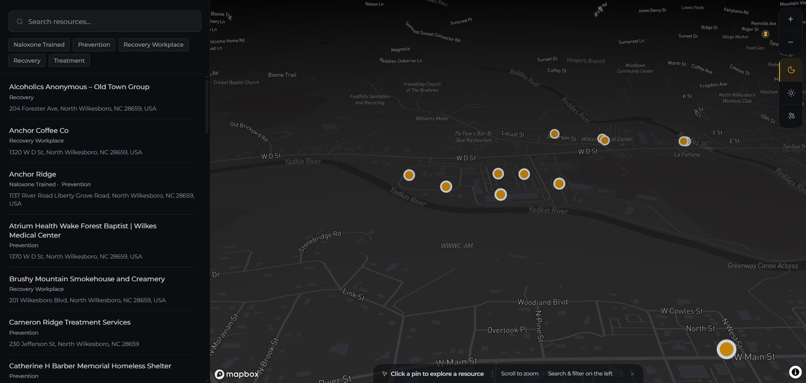 The public resource map: a searchable list of resources on the left and gold pins on a dark map of North Wilkesboro on the right