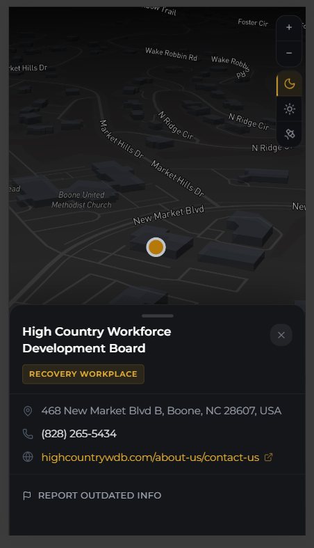 The map on a phone, with a resource card sliding up from the bottom