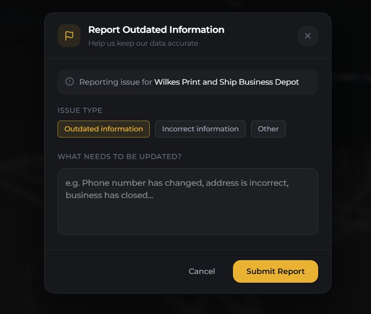 The Report Outdated Information form with a choice of outdated, incorrect or other, and a text box